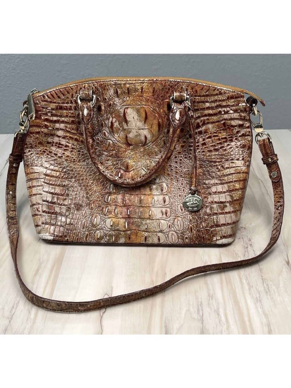 BRAHMIN Duxbury Satchel HANDBAG Purse w/ Shoulder Strap 13"x10"x5" Brown *Flaws*